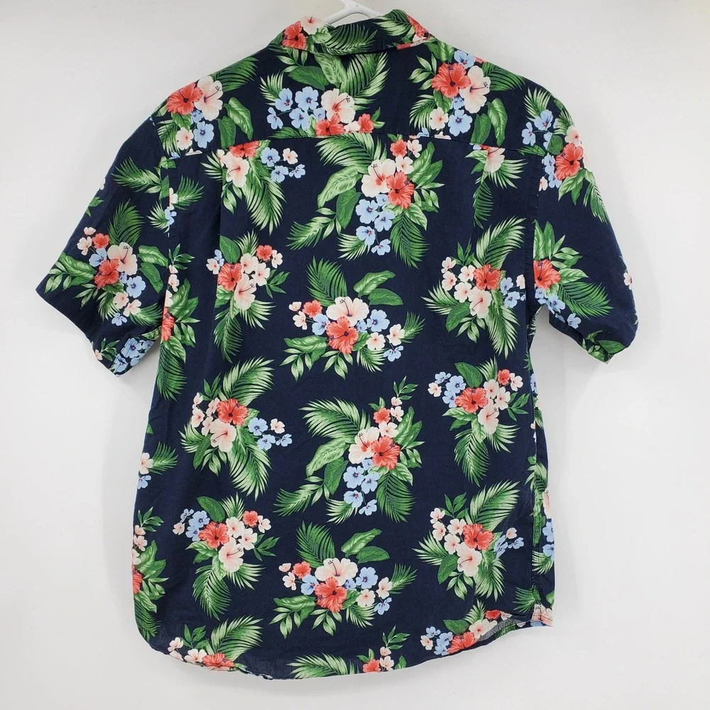 Old‎ Navy Mens Everyday Shirt Medium Navy Blue Tropical Floral Palm Button Down